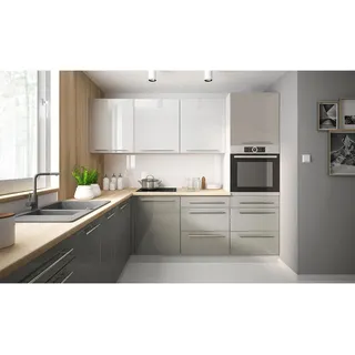 extom Winkelküche L-Form 245 x 207 cm grau-weiß Hochglanz