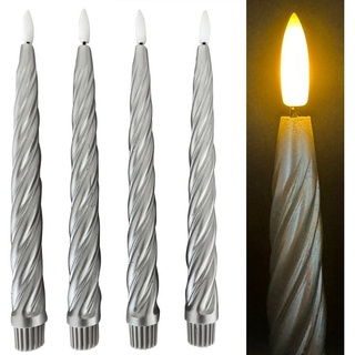Online-Fuchs LED-Kerze 4 LED Stabkerzen im Set aus Echtwachs im TWIST Design (Metallic Rot, Silber Grün und Champagner), Inkl. Fernbedienung und Timer - 224 silberfarben
