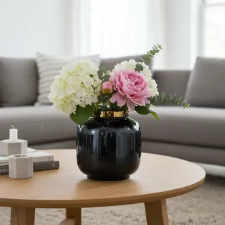 Premier Housewares vielseitige Design-Vase in schwarzem Metall, zeitgenössische schwarze Porzellanvase, perfekt für den Außenbereich, Vase mit Goldrand