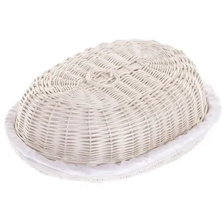 e-wicker24 Brotkasten, Brotkorb aus Weide, ovaler Brotkorb in Wengegrau, mit Deckel, mit einem Stoff besetzt, dekorative Schleife (Creme)