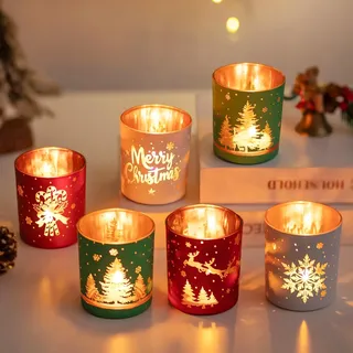 Glasseam Teelichthalter Weihnachten Teelichtgläser: 6er Set Kerzengläser | Rot Grün Weiß Kerzenhalter Glas, Für Weihnachtsdeko, Tisch, Esstisch, Party, Geschenk, Adventsgesteck
