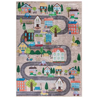 Mazovia Kinderteppich Kinderteppich Kinderzimmerteppich Straße Stadt Straßenteppich, 80 x 150 cm, Kurflor, Waschbar in Waschmaschine, Höhe 5 mm, Rutschfest beige|bunt 80 x 150 cm