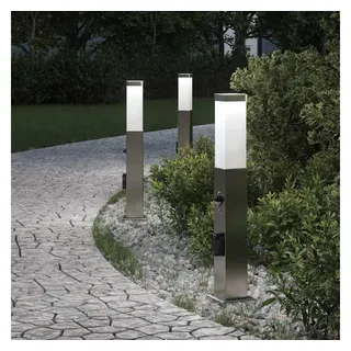 furnicato Pollerleuchte Silberne Edelstahl 10x10x50 cm mit Bewegungsmelder und, Wetterfeste Gartenleuchte mit PIR-Sensor und integrierter Steckdose silberfarben