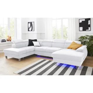 Wohnlandschaft COTTA "Komaris U-Form", weiß, B:320cm, Microfaser PRIMABELLE (100% Polyester), Kunstleder SOFTLUX, Feinstruktur (100% Polyester), Kunstleder SOFTLUX/Struktur (100% Polyester), NaturLEDER, Sofas, inklusive Kopfteilverstellung, wahlweise mit Bettfunktion und RGB-LED