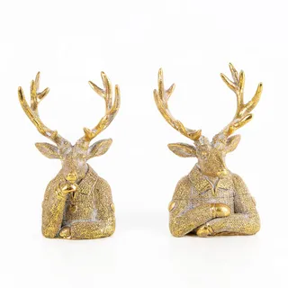 Logbuch-Verlag Hirsch-Figuren, 2 Stück: Weihnachtsfiguren Rentier Deko, Figur Weihnachten, Advent, Herbst & Winter, Dekofiguren Innen, Hirsch Büste zum Hinstellen, Weihnachtsdeko Gold, 16 cm