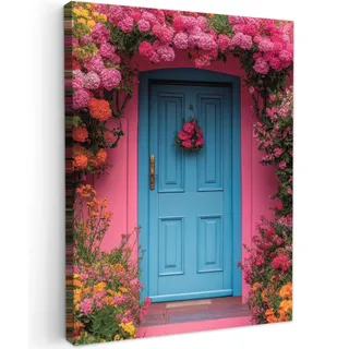 OnlyWow© Outdoor Poster 60x80 cm Gartendeko Wetterfest Wanddeko Terrasse Leinwandbilder Aesthetic Deko Außenbereich Wandbilder Modern Draußen Blumen - Tür - Rosa