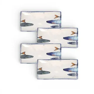 WestCraft Speiseteller Teller im mediterranen Design mit Sardinen-Motiv 2.0, Maritime Teller, (4 St), 4er Set, hochwertig und robust - langlebig und vielseitig einsetzbar weiß rechteckig | Ø 20 cm x 30 cm x 2.5 cm x 15 cm