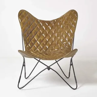 Homescapes Schmetterlingsstuhl, Schmetterlingssessel aus Leder, Butterfly-Sessel in Braun mit Diamantmuster, Lederstuhl aus Echtleder, Ledersessel, Stuhl aus Leder, Leder-Stuhl