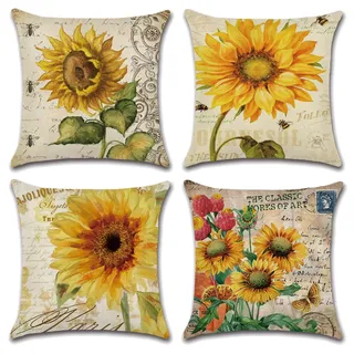OCEUMACO Leinen Kissenbezug 50x50 Sonnenblume Kissenhülle 4er Set Sofakissen Dekokissen Bezug für Couch Sofa Vintage Blumen Muster Kissen Kissenbezüge Outdoor Deko Zierkissen Couchkissen - Gelb