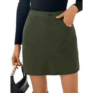 Kate Kasin Damen Cordrock Minirock Hohe Taille Schmale Passform Wickelrock Herbst&Winter Kordsamt Rock Kurzer Rock aus Cord Militärgrün S - S