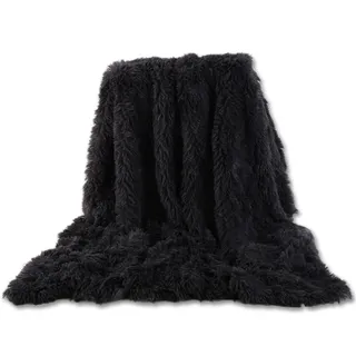 Flauschige Decke, Super Weiche Warme Langhaare Kuscheldecke Kunstfell, PV Und Flanell Wendedecke, Wolldecken Flauschig Als Sofadecke, Tagesdecke, Couchdecke, Fleece Decke (Black,160×200cm)
