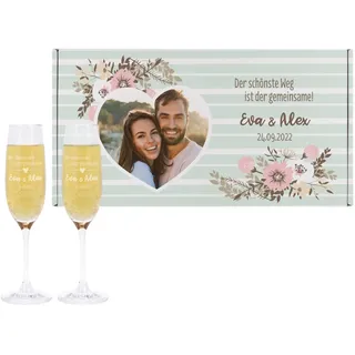 Leonardo 2 Sektgläser zur Hochzeit mit Gravur - Der schönste Weg ist der gemeinsame - in Geschenkkarton mit Fotoaufdruck