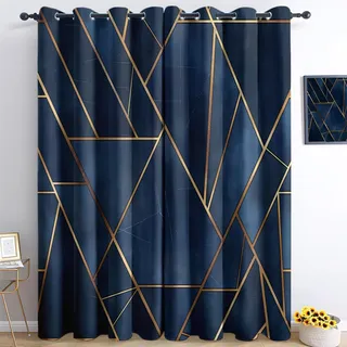 Srigzcaly Dunkelblau Gold Geometrie Verdunkelungsvorhänge Blau, 2er Set Wärmedämmende Ösenvorhänge H166 x B75 cm, Farbechter Polyester Vorhang für Schlafzimmer Kinderzimmer