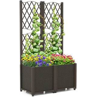 COSTWAY Blumenkasten mit Rankgitter, Pflanzkasten für Kletterpflanzen, Pflanzkübel mit Sichtschutz, Hochbeet mit Spalier & Selbstbewässerung, Blumenkübel Garten Hof Balkon (Braun, 80 x 40 x 140 cm)