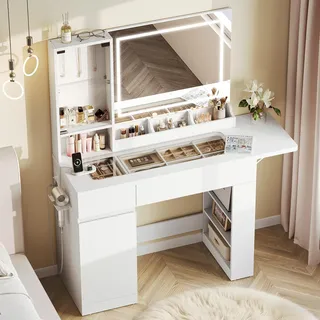 Dripex Schminktisch mit Spiegel & LED-Beleuchtung, Transparente Glasplatte | Ausklappbare Zusatzablage, 2 Steckdosen und 2 USB-Anschlüsse, Frisiertisch mit Viel Stauraum, 115 x 40 x 140 cm, Weiß