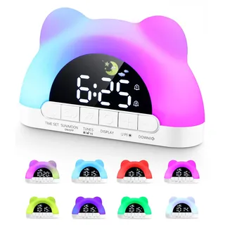 PERMUST Wecker Kinder 10 Weckerlärme, 11 RGB-Farben, 2 Alarme + Snooze, Schlaftrainer, Einstellbare Helligkeit & Lautstärke