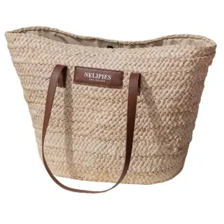 Nelipies Korbtasche aus Stroh, Strandtasche mit Lederdetails, 59 x 32 cm, Handgeflochten, für Strand und Freizeit - 2er-Set