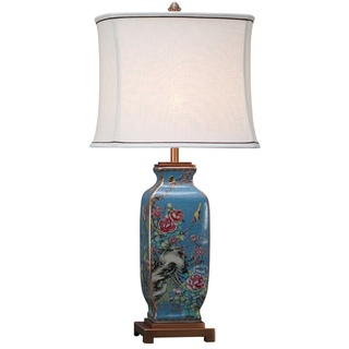 Fine Asianliving Chinesische Tischlampe Porzellan mit Lampenschirm E27 Orientalische Tischleuchte Keramik Nachttischlampen Schlafzimmer Wohnzimmer