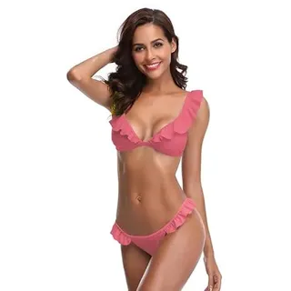 SHEKINI Damen Borte Zweiteiliger Badeanzug Süß Bikini Set Bandeau Bademode (XL, Wassermelone Rot) - XL