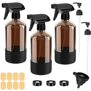 Braunglassprühflaschen, 3 Stück, 500 ml Glas-Sprühflaschen, nachfüllbare Wassersprühflasche mit verstellbarer Düse für Reinigung, Pflanzen, ätherische Öle und Haarpflege, UV-Schutz für empfindliche