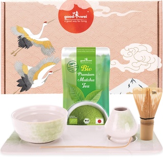Goodwei Matcha Teezermonie-Set, 6-teilig mit Bio Matcha aus Japan, Schale, Besenhalter und Tee-Tablett im passenden Design, Keramik, 180 ml (Shiro)