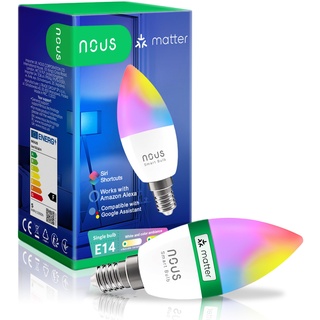 NOUS P4 Smarte WIFI Glühbirne RGB E14, Kompatibel mit Matter, Alexa, Google Home & Apple HomeKit, Smart Home, Fernbedienung, LED Lampe Farbwechsel, Glühbirne Farbwechsel, RGB Glühbirne, 2.4 GHz WiFi