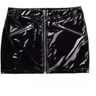 Damen Wetlook Minirock mit Schlitz, glänzender Leder-Optik Rock Schwarz | Glänzendes Wet‐Look‐Material, glatte Oberfläche, stilvoller Damen‐Moderock für besondere Anlässe