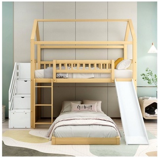 SOFTWEARY Etagenbett mit 2 Liegeflächen, Lattenrost und Rutsche (90x200 cm), Kinderbett inkl. Rausfallschutz, Kiefer