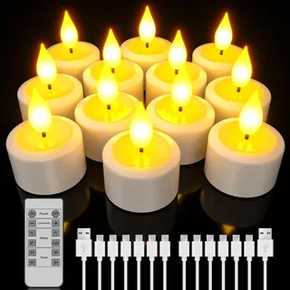 PChero 12er LED Teelichter Wiederaufladbar mit Timer, LED Kerzen Aufladbar Flammenlose Flackernd Dimmbar mit Fernbedienung & 6-Port USB-C Ladekabel für Zuhause Zimmer Halloween Weihnachten Party Deko
