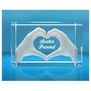 Dekofigur 3D Glasquader I Herz aus Händen mit Gravur I Text: Bester Freund, Hochwertige Geschenkbox, Made in Germany, Familienbetrieb