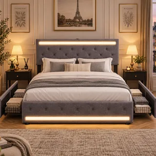 DULRLLY Polsterbett 160x200 mit Stauraum, Doppelbett 160x200 mit Schubladen, Polsterbett mit LED und USB-Ladefunktion,Stauraumbett Funktionsbett Bettgestell mit Stauraum Jugendbett mit Lattenrost