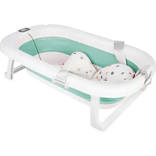 Babybadewanne mit Thermometer, Faltbare Badewanne Baby mit Badekissen Tragbare Baby Badewanne Newborn Essentials Babywanne für Säuglinge und Kleinkinder von 0-24 Monaten (Grün, 80 * 50 * 23cm)