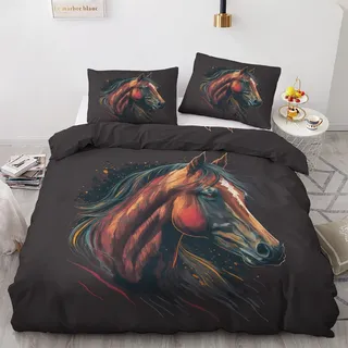 Bettwäsche 155x220cm Pferd Bettbezug Set 3 Teilig Nutztier Pferd Einzelbett Bettbezug Weiche Microfaser Wendebettwäsche Mit Reißverschluss und 2 Kissenbezug 80x80cm