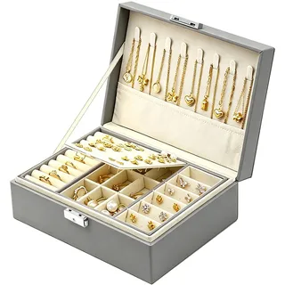 Homeanda Schmuckkästchen mit Schloss - Große Schmuckschatulle aus Leder für Damen, Schmuckbox mit 2 Ebenen (Grau)