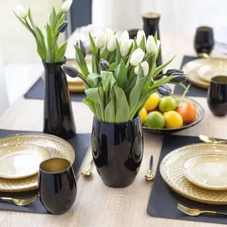 Famanu Vase Schwarz - Runde Glasvase mit Breitem Hals für Blumen und Kerzenhalter (H: 19,8 cm)