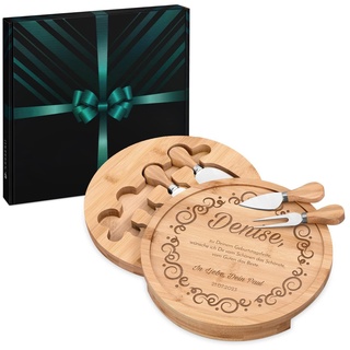 Maverton Käsebrett Servierplatte mit Gravur + 4er Käsemesser Set - aus Holz - Durchmesser: 25cm - Geschenke für Frauen zum Geburtstag - Geburtstagswünsche