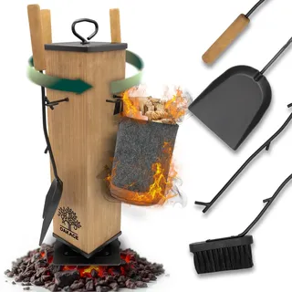 OAKAGE Kaminbesteck FireMaster Modern [integrierer Holzkorb & drehbarem Kern] Hochwertiges Kaminzubehör mit Holzgriff | Kaminofen Besteck mit Kehrset & Schürhaken | Ofenbesteck Garnitur für Kamin