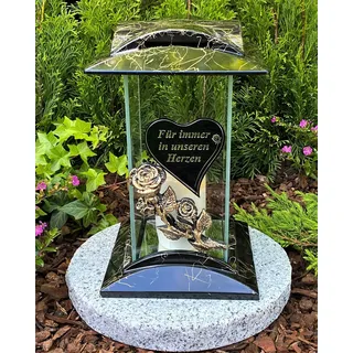 Garten Paradies Handmade Grablampe Laterne mit Beschriftung Gold - 'Für immer in unseren Herzen' Grablicht Kerze Grabkerze Grabdekoration 27 cm H. Grabschmuck Neu! incl. Kerze, Schwarz / Handgemalt