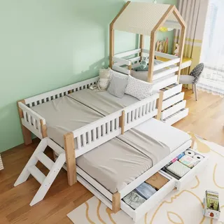 REDOM Kinderbett Holzbett mit Ausziehbett 90x190 cm – Hausbett mit Stauraumschubladen (90x200 cm Gästebett mit Treppe, mit Textildach, Funktionsbett), Inklusive Matratze