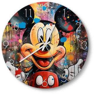 DEQOART Wanduhr 'Mickey im Farbenzauber' (Glas Glasuhr modern Wand Uhr Design Küchenuhr) bunt|rot|schwarz 30 cm x 30 cm
