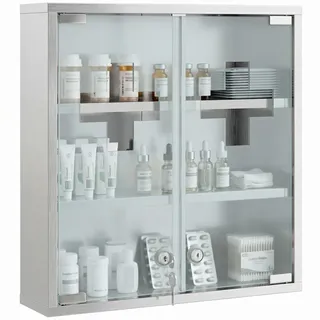 Medizinschrank, abschließbarer Medikamentenschrank mit 2 Schlüsseln, Silber
