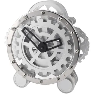 Fockety Gear Clock, Mechanische Schreibtischuhr aus Edelstahl 304, Industrielle Tischuhr mit 2 Füßen, Exquisite Verarbeitung, Batteriebetriebene Silberne Tischuhren aus Metall für