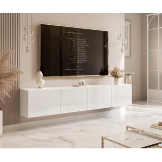 IDOHOME TV Lowboard hängend mit LED und 4 Fächern 200 cm Weiß Hochglanz | 200 x 40 x 36 cm, Laminierte Platte, Mehr Stauraum, Push to Open, TV Zubehör, LED Beleuchtung