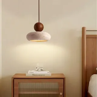 Wabi-sabi-inspirierte Led-pendelleuchte Aus Gelbem Travertin, Runde Kugel Aus Massivholz, Naturstein-pendelleuchte, Kleiner Kronleuchter, Nachttischlampe Für Schlaf- Oder Wohnzimmer (15 Cm) - Crezuo