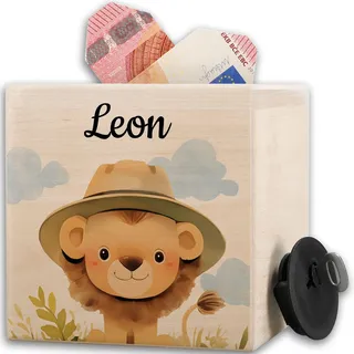 Holz Spardose Süßer Safari Löwe personalisiert I Löwen Spardose Holz Kinder mit Name I Sparbüchse Löwe Taschengeld I Kindermotiv Löwe I König der Tiere I Lion I Leo I Safari Tiere - 10x10cm