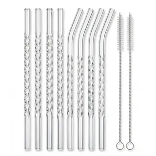 YUTRENN Wiederverwendbare Glasstrohhalme, transparent, gedrehte Form, 4 gebogene Strohhalme, 4 gerade Trinkhalme, 2 Reinigungsbürsten, 20,3 x 0,8 cm dick, Klarglas-Trinkhalm für Becher