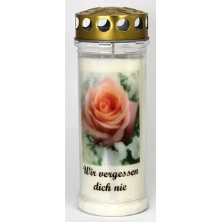 Grablicht-Kerze 20/7 cm - Rose - 3750 - Wir vergessen ... - 7 Tage Brenndauer – (Ewiglicht-Ölkerze)-Grabkerze mit Motiv und Spruch - Trauerkerze mit Foto und Spruch