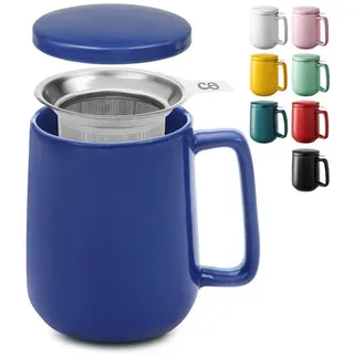 Cosumy Teeglas Teetasse mit Sieb und Deckel - Keramik Dunkelblau - Hält Lange warm, 1-tlg., Keramik, Hält Lange warm - 500 ml XXL Groß - Spülmaschinenfest blau