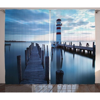 ABAKUHAUS maritim Rustikaler Gardine, Leuchtturm Meer bei Sonnenaufgang, Schlafzimmer Kräuselband Vorhang mit Schlaufen und Haken, 280 x 175 cm, Dunkelbraun Blaugrau