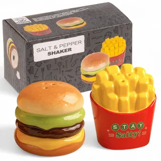 MIJOMA Salz- & Pfefferstreuer Set - Stilvolles Porzellandesign, Lebensmittelecht, Einfach zu Befüllen - Verschiedene lustige & niedliche Designs zur Auswahl (Burger & Pommes, 2-teilig)